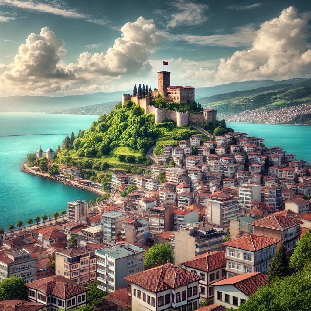 A picturesque view of Giresun, Turkey featuring Giresun Castle on a hilltop, traditional Ottoman houses, lush green hills, and Giresun Island in the distance with the Black Sea.