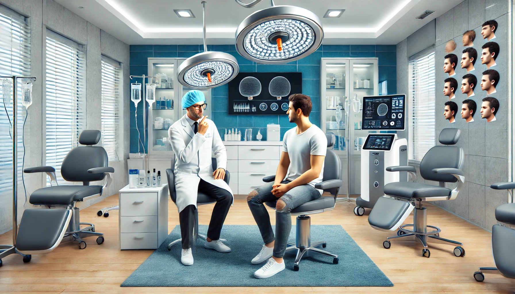 A modern hair transplant clinic in Turkey featuring advanced medical equipment and a skilled surgeon consulting with a patient.