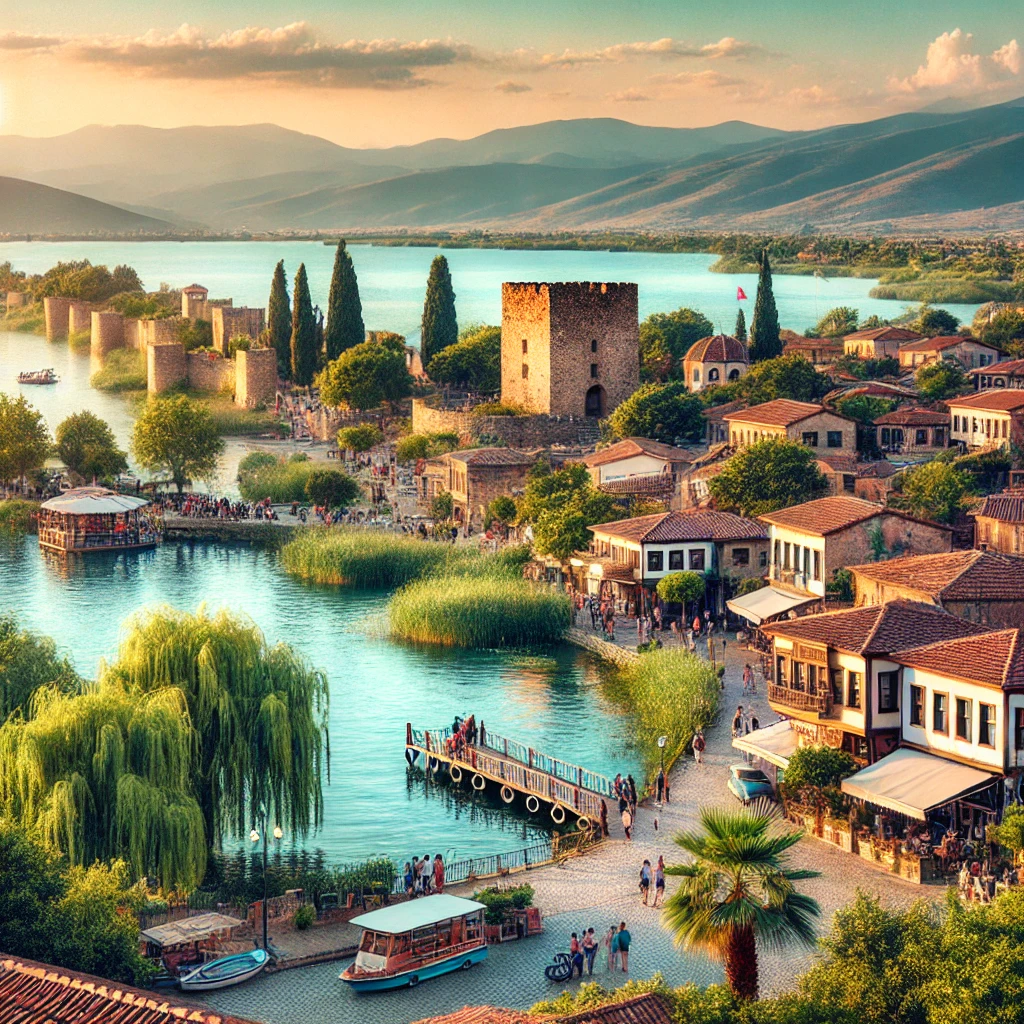 Picturesque view of Iznik in Turkey, showcasing the serene Lake Iznik surrounded by lush greenery, historic city walls, and traditional houses.