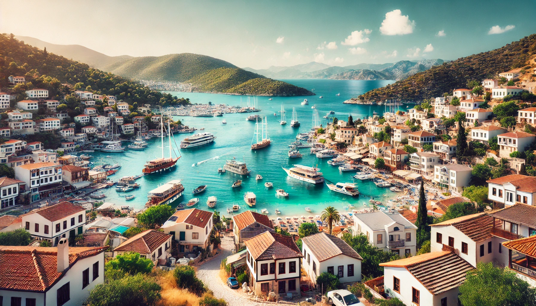 A picturesque view of Kalamaki (Kalkan) in Antalya province, Turkey, showcasing the harbor filled with boats, traditional whitewashed houses, narrow cobblestone streets, and the clear blue waters of the Mediterranean Sea set against a backdrop of lush green hills.