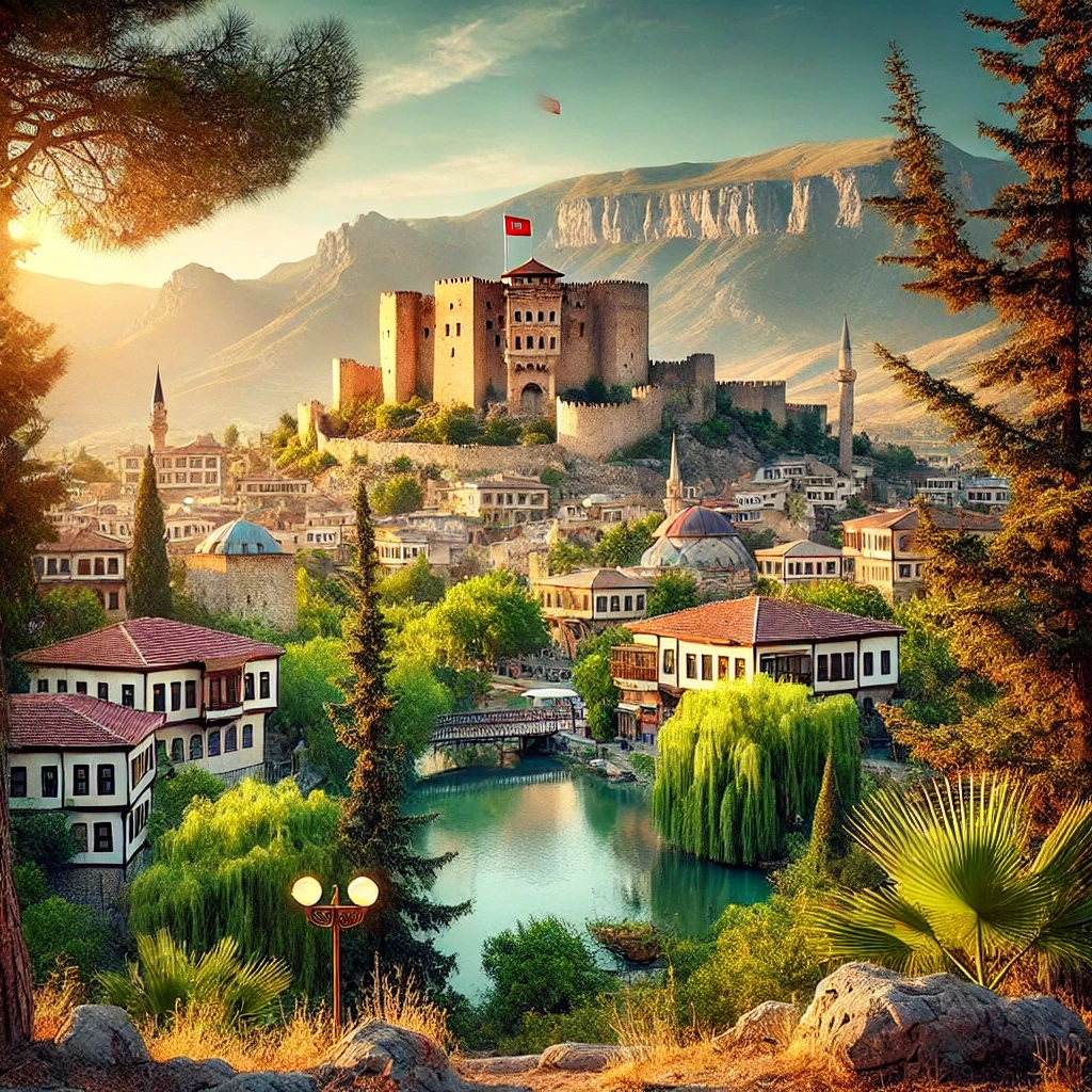 A picturesque view of Karaman, Turkey featuring the historic Karaman Castle.