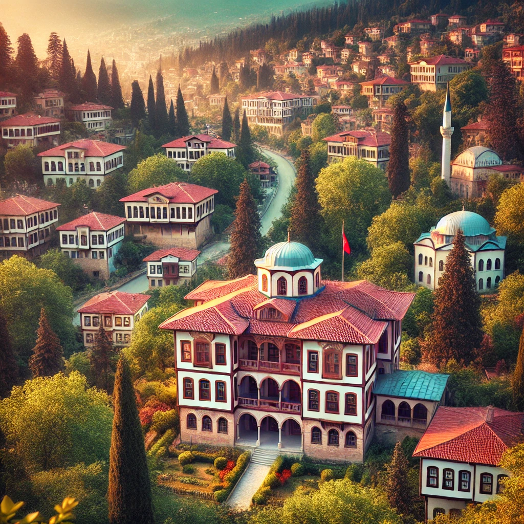 A picturesque view of Kastamonu, Turkey featuring historic Ottoman houses and the Governor's historical office.