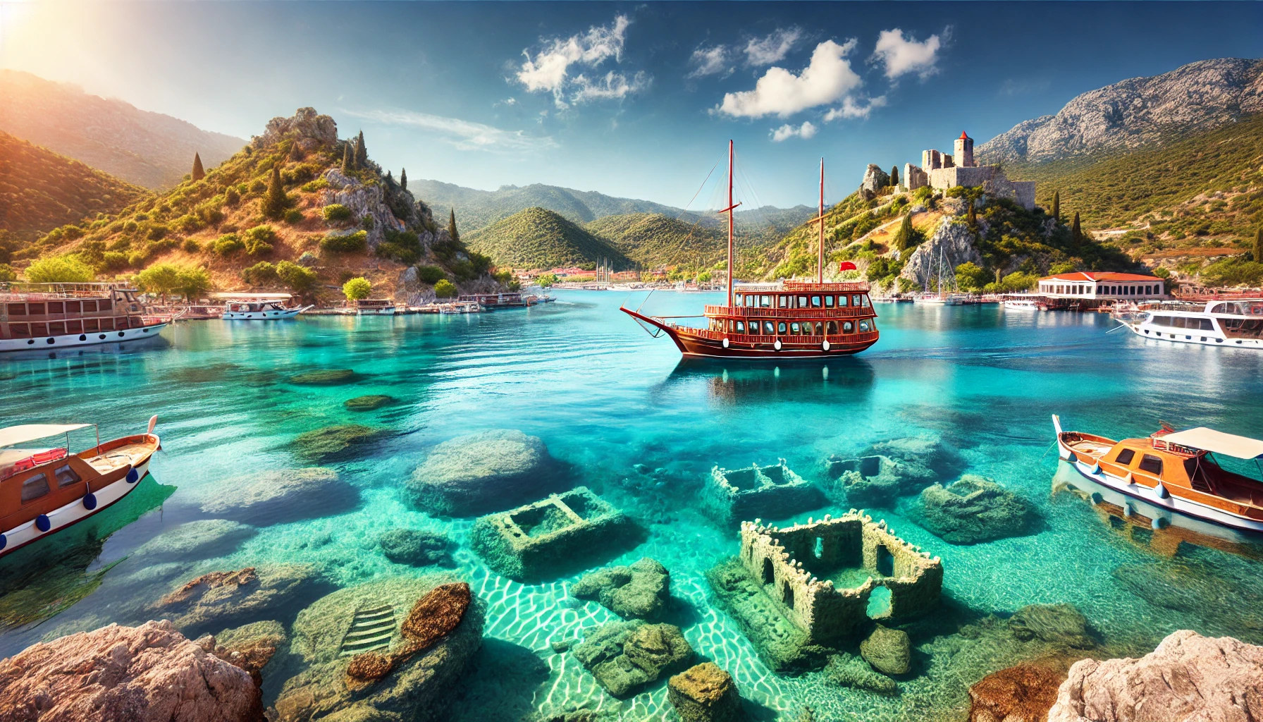 Scenic view of Kekova, Turkey, showcasing crystal-clear turquoise waters with ancient sunken ruins visible below the surface, a traditional Turkish boat sailing, and the historic village of Kaleköy with its ancient castle in the background.