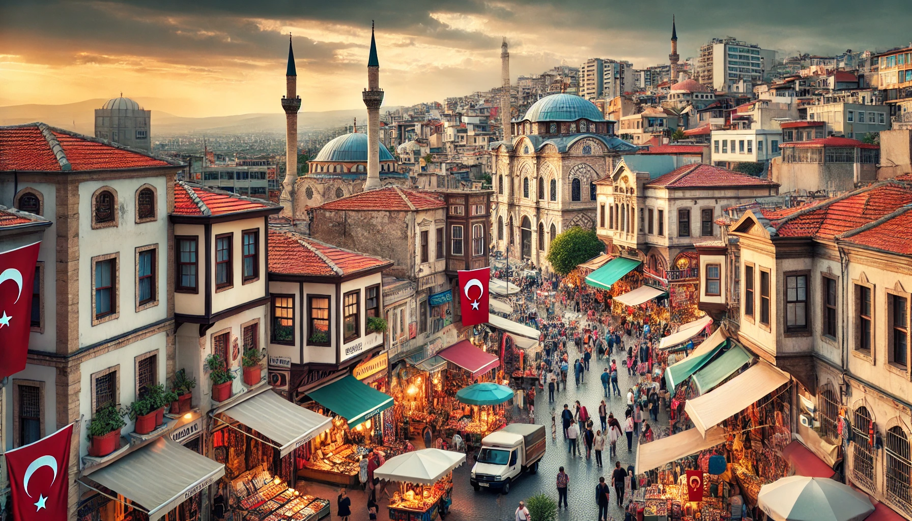 Lively view of Kemeraltı Bazaar in İzmir, Turkey, with bustling market streets, shops, and traditional Turkish architecture.