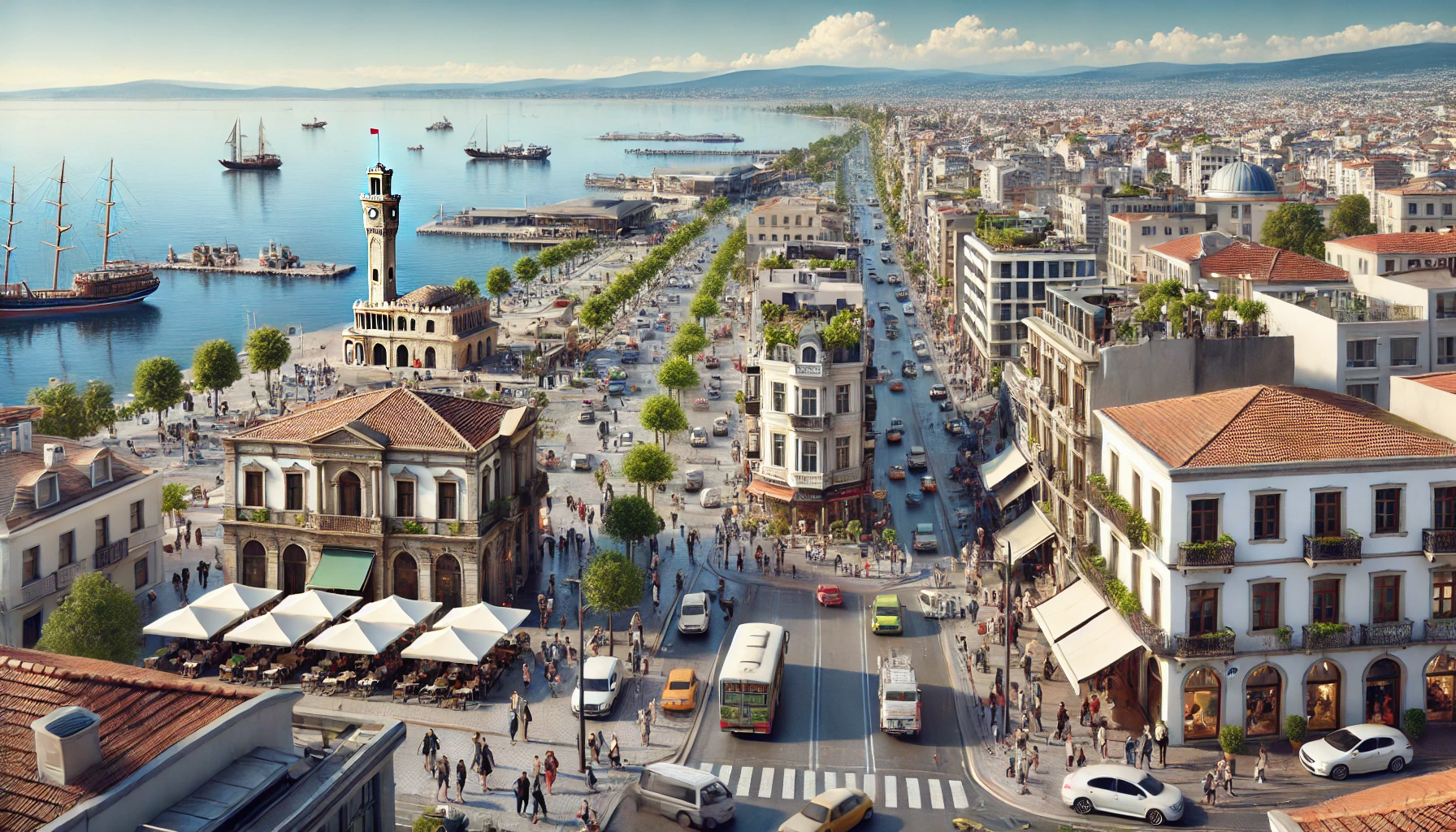 Vibrant Konak, Izmir cityscape with historic and modern buildings, busy streets, cafes, shops, Konak Square with clock tower, and the Aegean Sea.