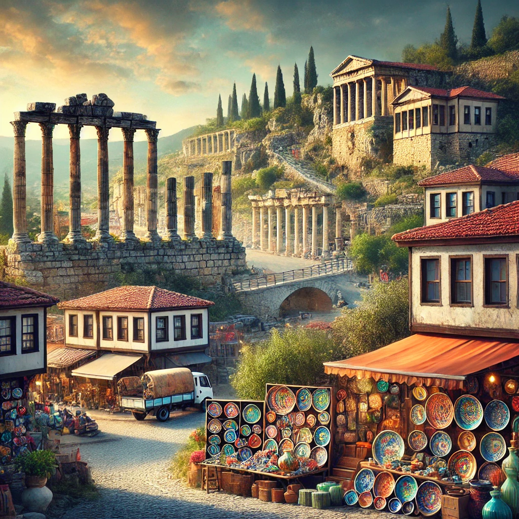 Scenic view of Kütahya, Turkey with ancient ruins, traditional Ottoman houses, and vibrant ceramics market.