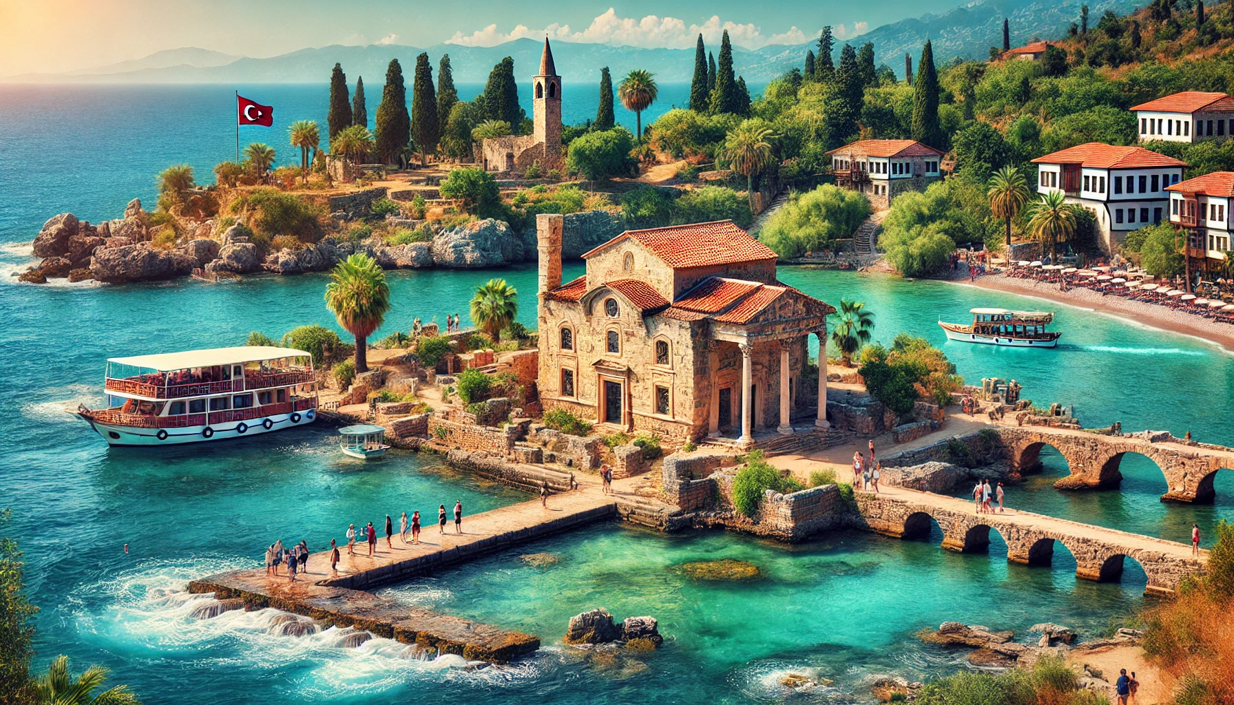 A scenic view of the ancient city of Lotape in Antalya, Turkey, featuring Roman and Byzantine ruins by the turquoise sea, with tourists exploring the site against a backdrop of lush greenery and clear blue skies.