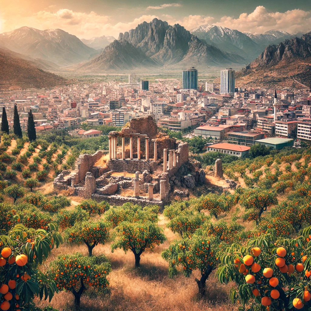 Scenic view of Malatya, Turkey with ancient ruins, apricot orchards, and modern cityscape.