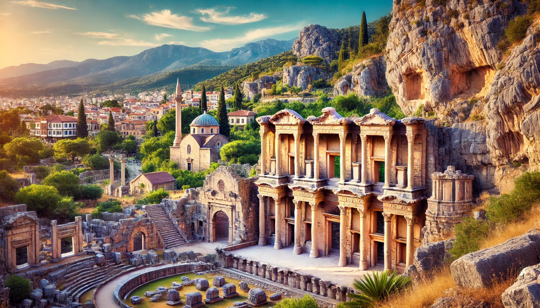 A picturesque view of the ancient city of Myra in Antalya, Turkey, featuring well-preserved rock-cut tombs, the grand theatre, and the Church of Saint Nicholas.