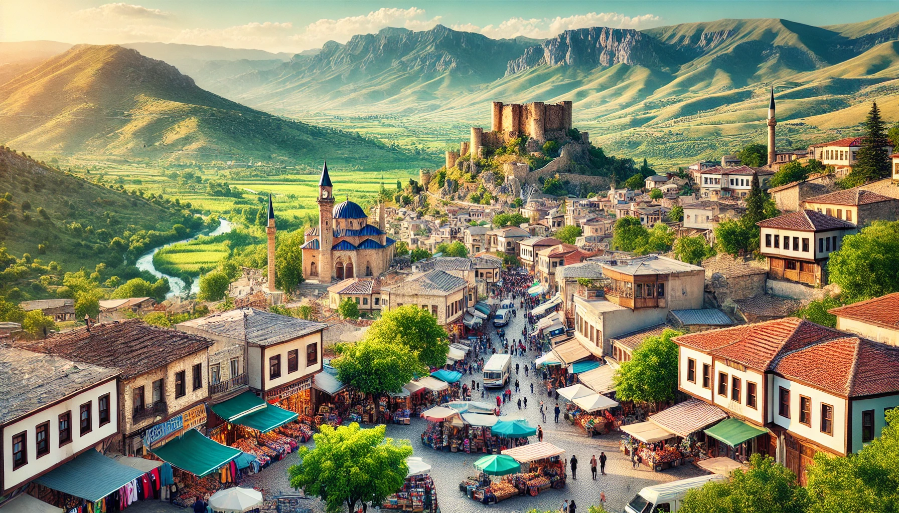 Scenic view of Nazilli, Turkey, with historical buildings, the lush Menderes valley, and Arpaz Castle.