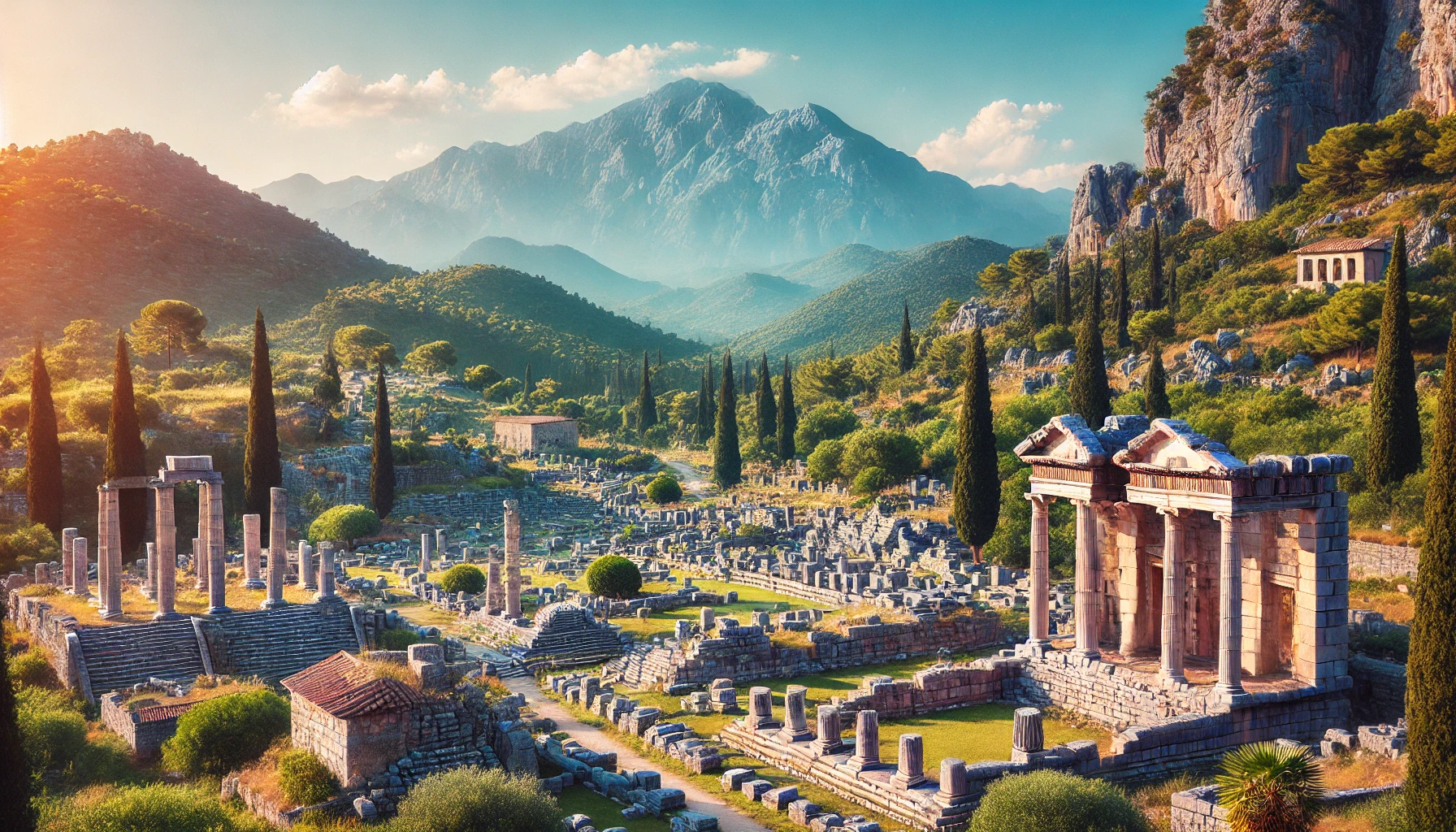 A picturesque view of the ancient city of Olympus (Lycia) in southwestern Turkey, featuring well-preserved ruins surrounded by lush greenery. The scene includes ancient stone structures, a clear blue sky, and the majestic Mount Olympus in the background.