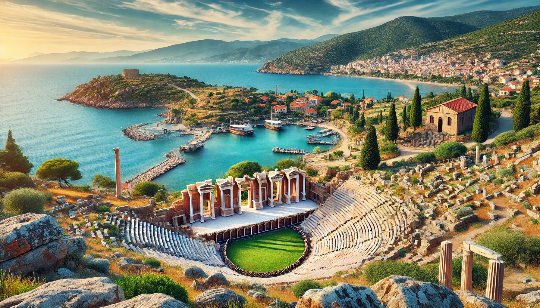 A picturesque view of the ancient city of Phokaia in Foca, Izmir, Turkey, featuring the well-preserved ruins of the ancient theater, the Temple of Athena, and rock-cut tombs set against the backdrop of the beautiful Aegean Sea and lush green hills.