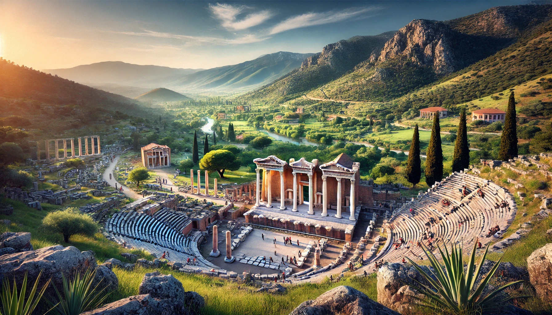 A scenic view of the ancient city of Priene in Aydin, Turkey, featuring well-preserved ruins of the Temple of Athena, the theater, and the agora, with lush green hills and clear blue sky in the background and tourists exploring the site.