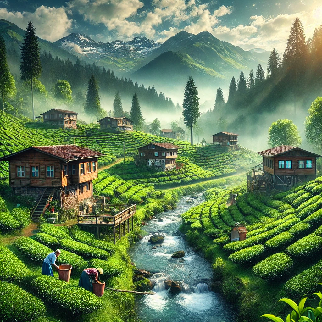 A picturesque scene of Rize, Turkey, showcasing its lush green tea plantations, rolling hills, and traditional houses.