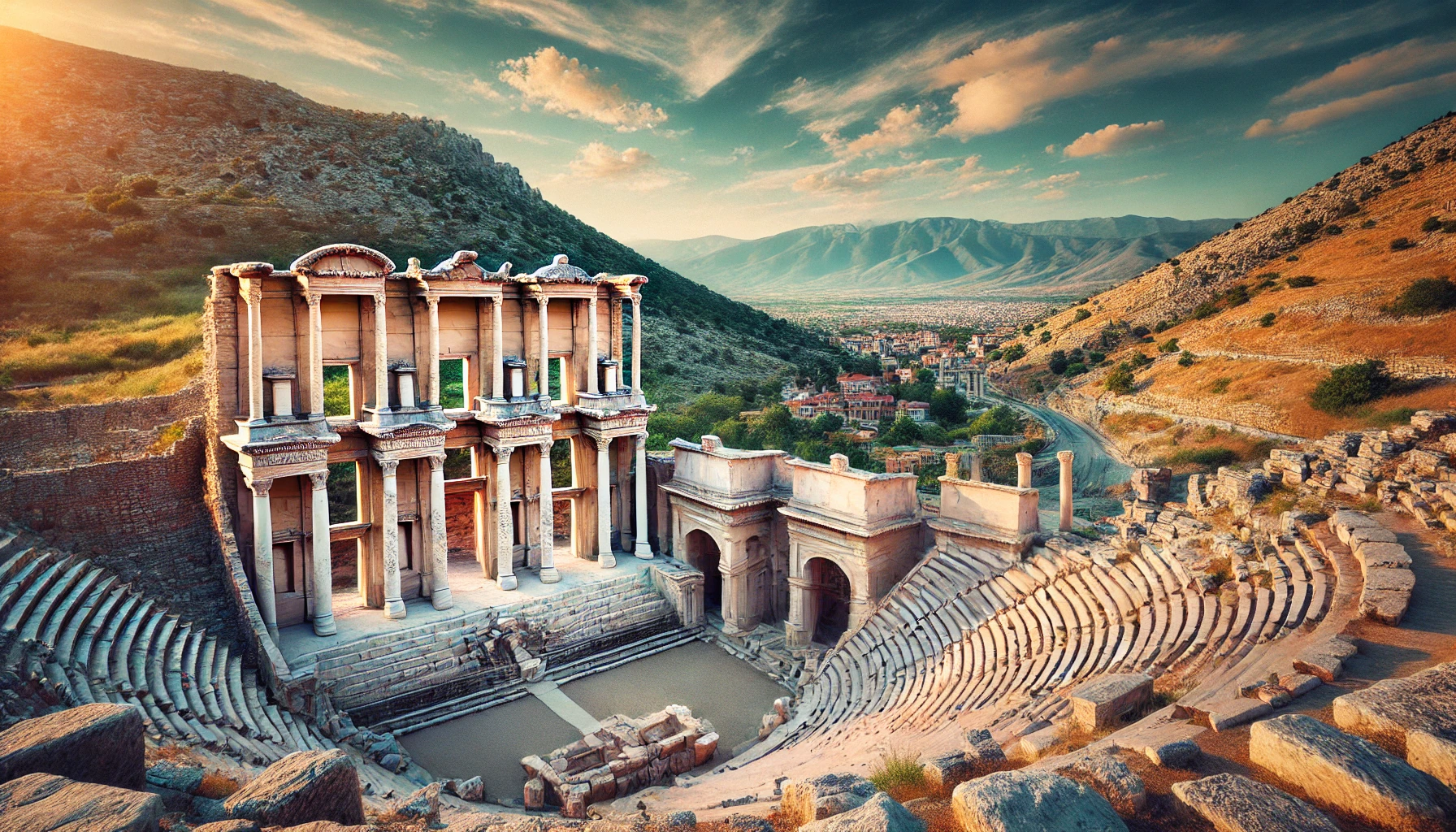 A picturesque view of the ancient city of Sagalassos in Turkey, featuring the well-preserved ruins of the Antonine Nymphaeum, the Roman theatre, and the Agora, set against a backdrop of lush hills and clear blue skies.