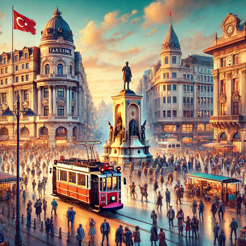 A vibrant and bustling scene of Taksim Square in Istanbul, Turkey.