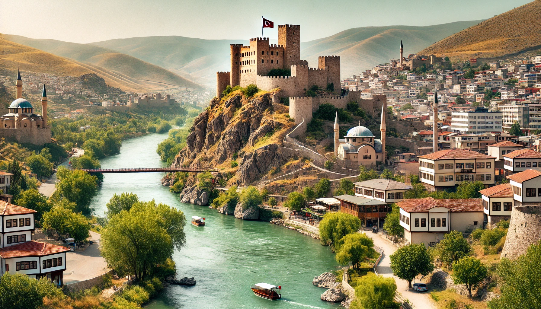 Scenic view of Tokat, Turkey featuring Tokat Castle, Tokat River, Yeşilırmak, and traditional Ottoman architecture.