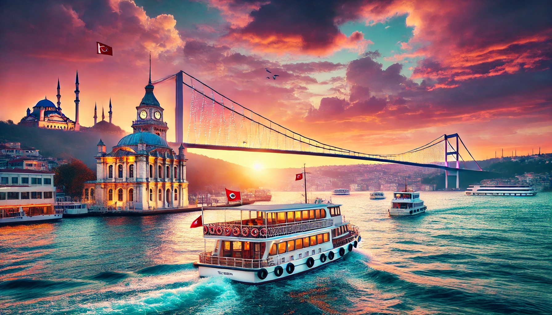 Picturesque view of the Bosphorus in Istanbul, Turkey at sunset with iconic landmarks and a boat cruising on the water.