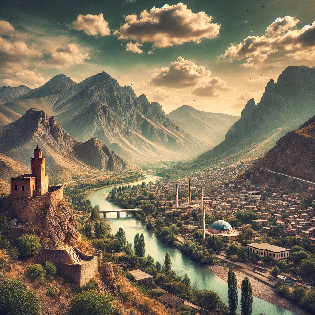 Scenic view of Tunceli, Turkey with rugged mountains, Munzur Valley, and historical sites.