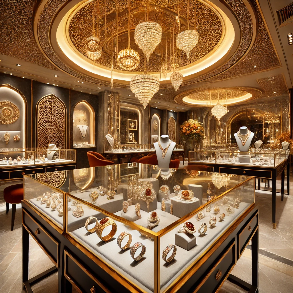 A luxurious Turkish jewelry boutique displaying gold, silver, and gemstone pieces with an elegant interior design.