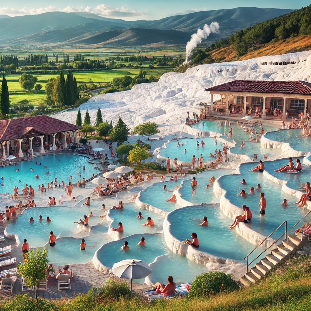 Visitors enjoying thermal pools at Pamukkale, surrounded by white travertine terraces in Turkey.