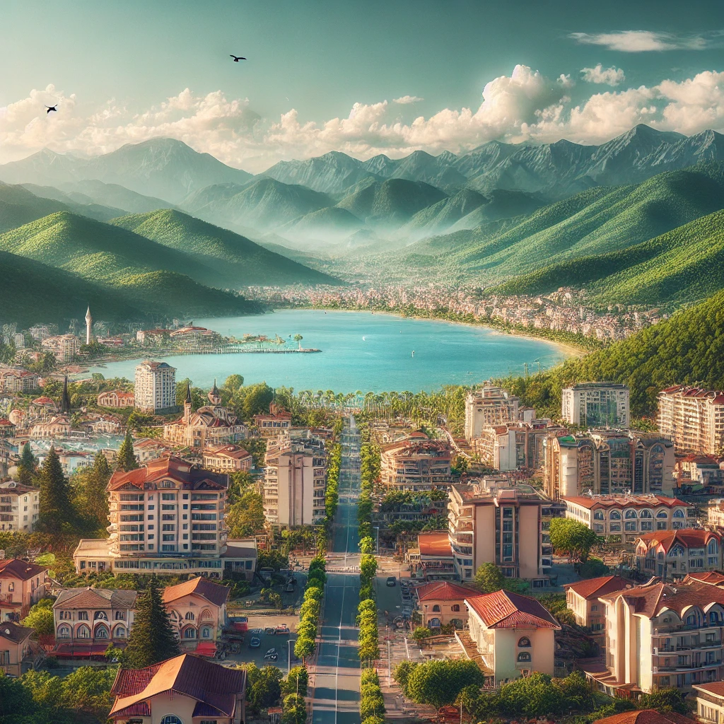 A picturesque scene of Yalova, Turkey, showcasing the lush green landscape, modern town buildings along the eastern coast of the Sea of Marmara, and the popular Termal hot springs with mountains in the background under a clear blue sky.