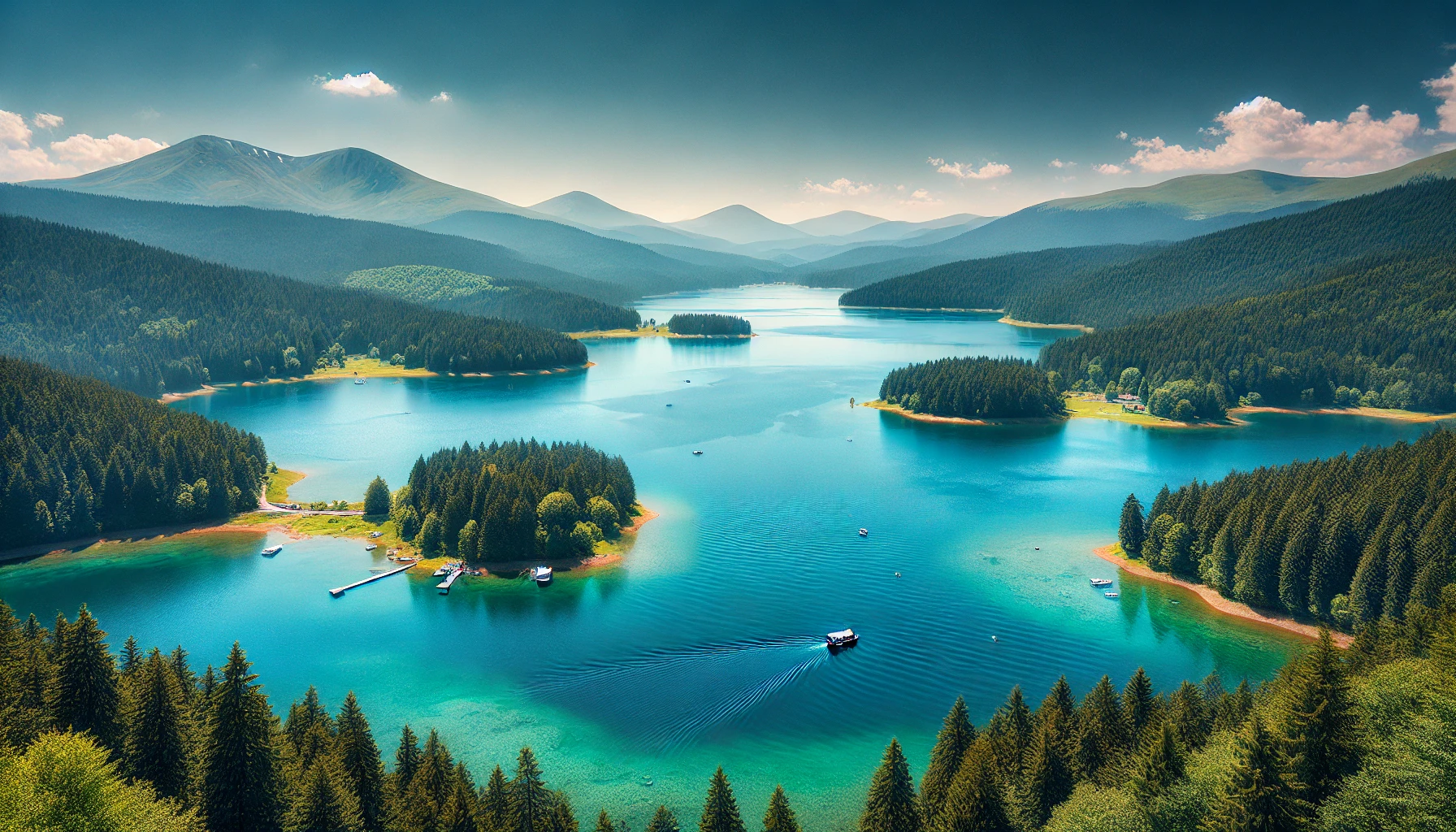 A stunning view of Abant Lake in Turkey, featuring clear blue waters surrounded by lush green forests and distant mountains under a clear sky, with a serene lakeside scene including a small boat and tourists enjoying the natural beauty.