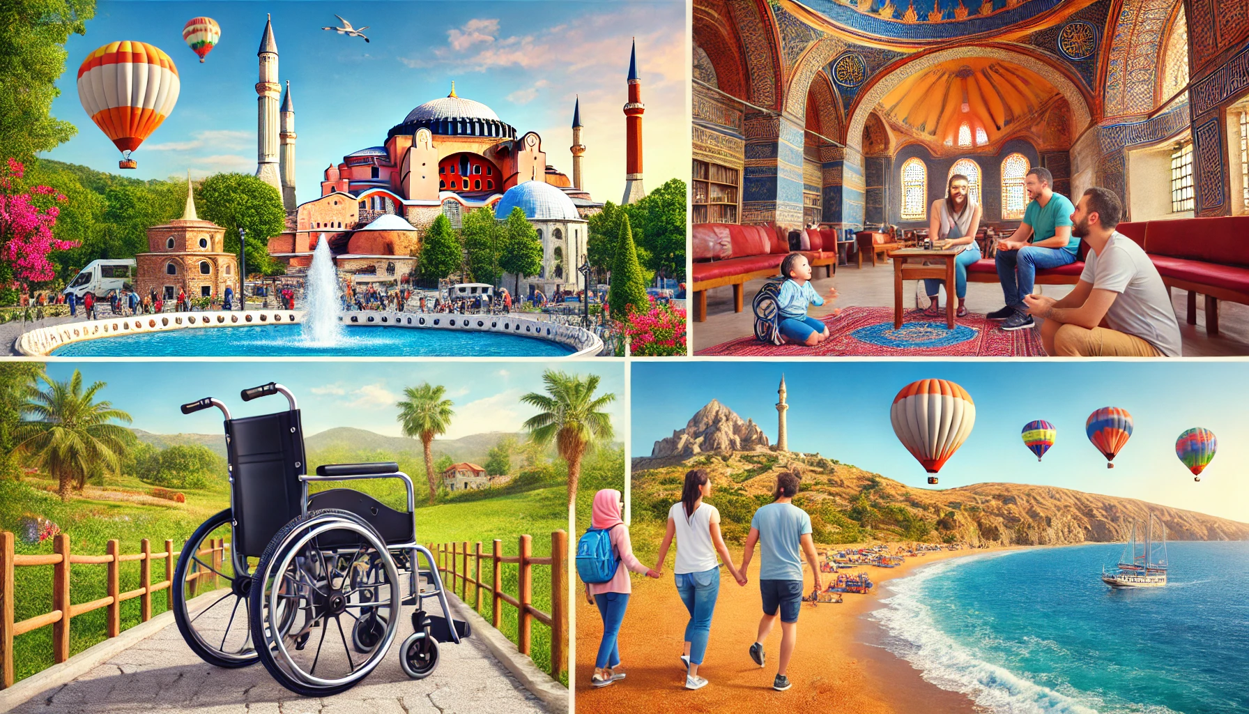 Picturesque view of accessible tourism in Turkey featuring a wheelchair user at Hagia Sophia, a family with a stroller at an accessible beach in Antalya, and a hot air balloon ride in Cappadocia with adapted equipment.