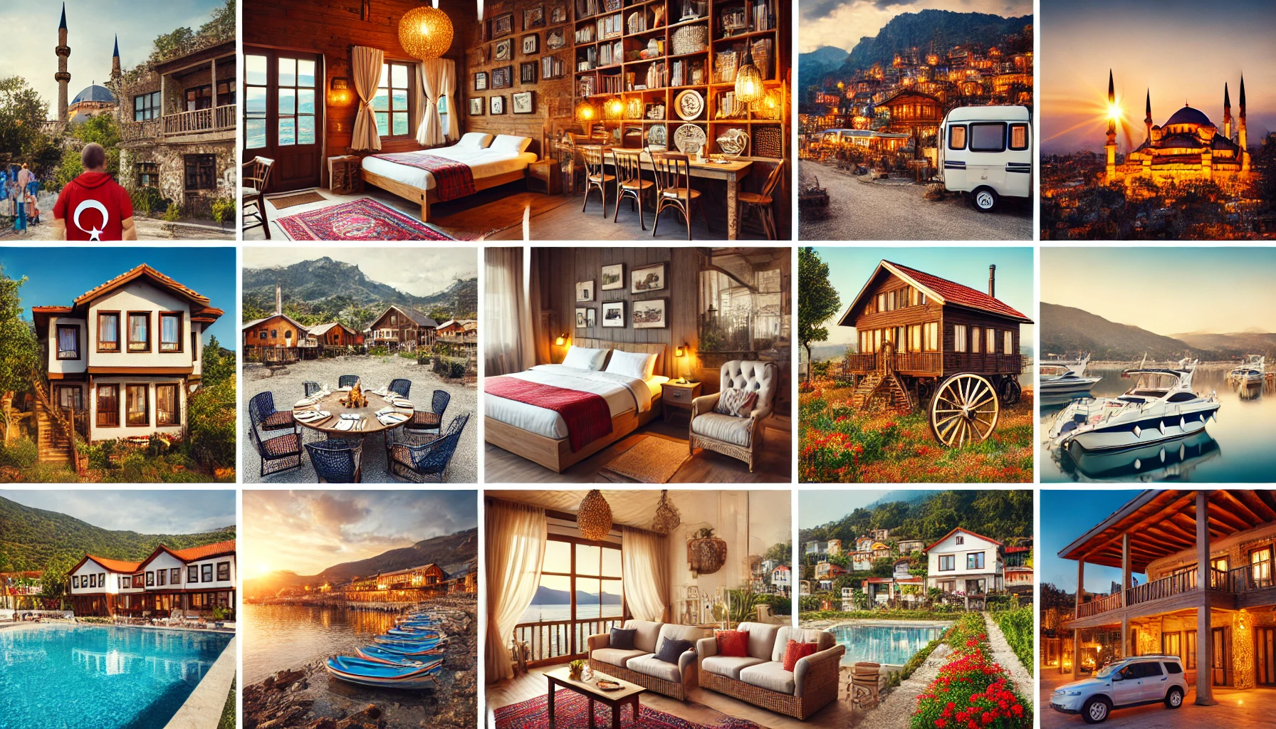 Collage showcasing various accommodation options in Turkey, including backpacker hostels, bed and breakfasts, cabins and cottages, caravan and camping sites, farm stays, hotels and motels, luxury resorts, self-contained apartments, and spa retreats.