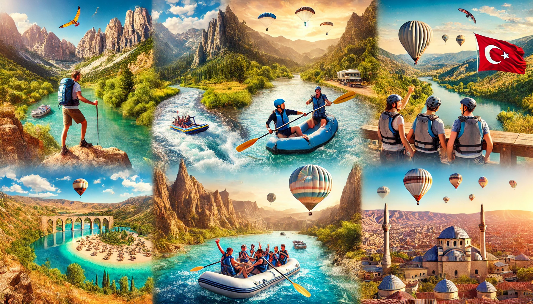 Panoramic view of adventure tourism in Turkey showcasing hiking in the Taurus Mountains, rafting on the Çoruh River, paragliding in Ölüdeniz, and hot air ballooning over Cappadocia.