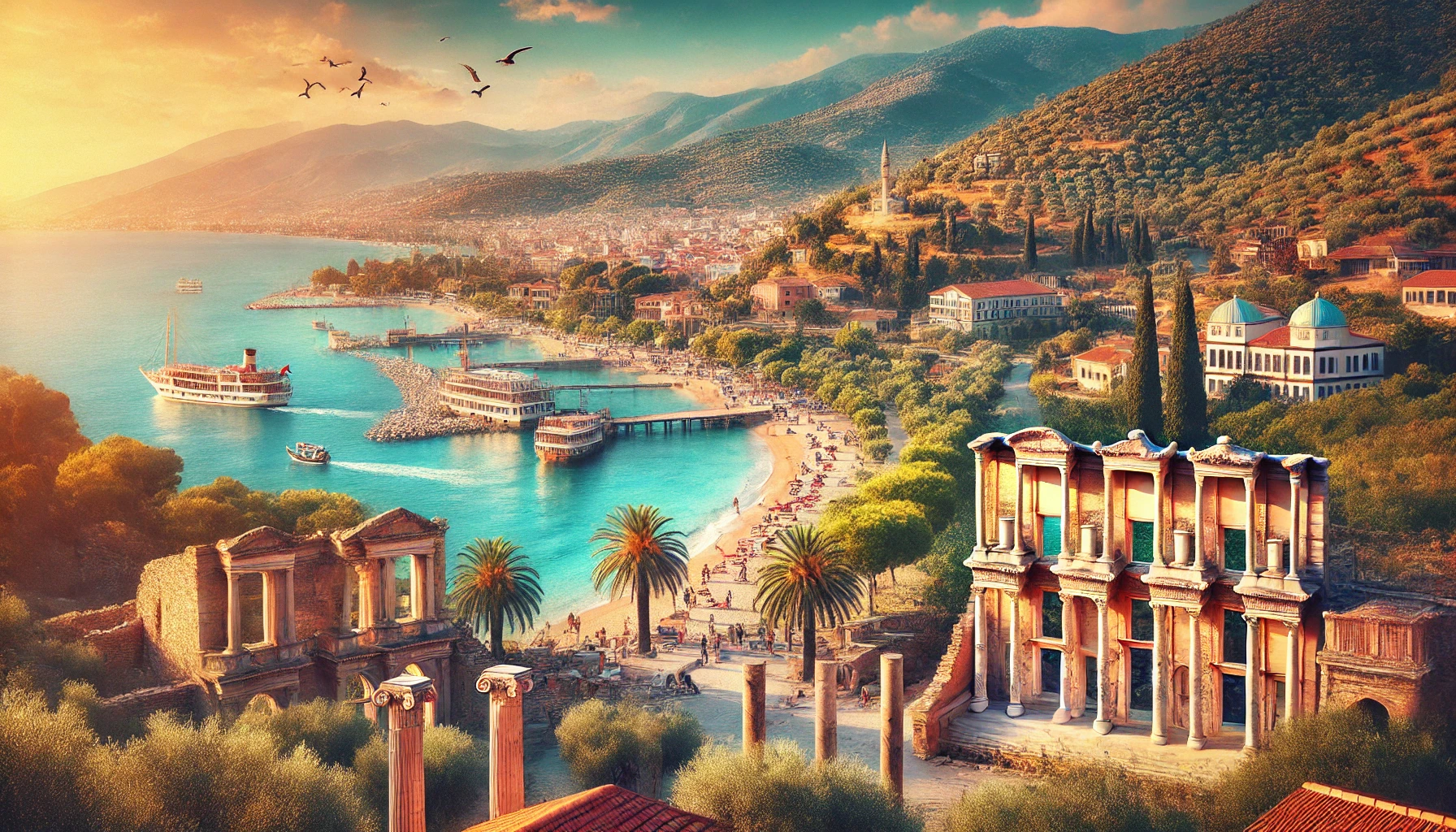 A picturesque view of the Aegean Region in Turkey, featuring stunning beaches with clear blue waters, ancient ruins like Ephesus, lush olive groves, and charming coastal towns.