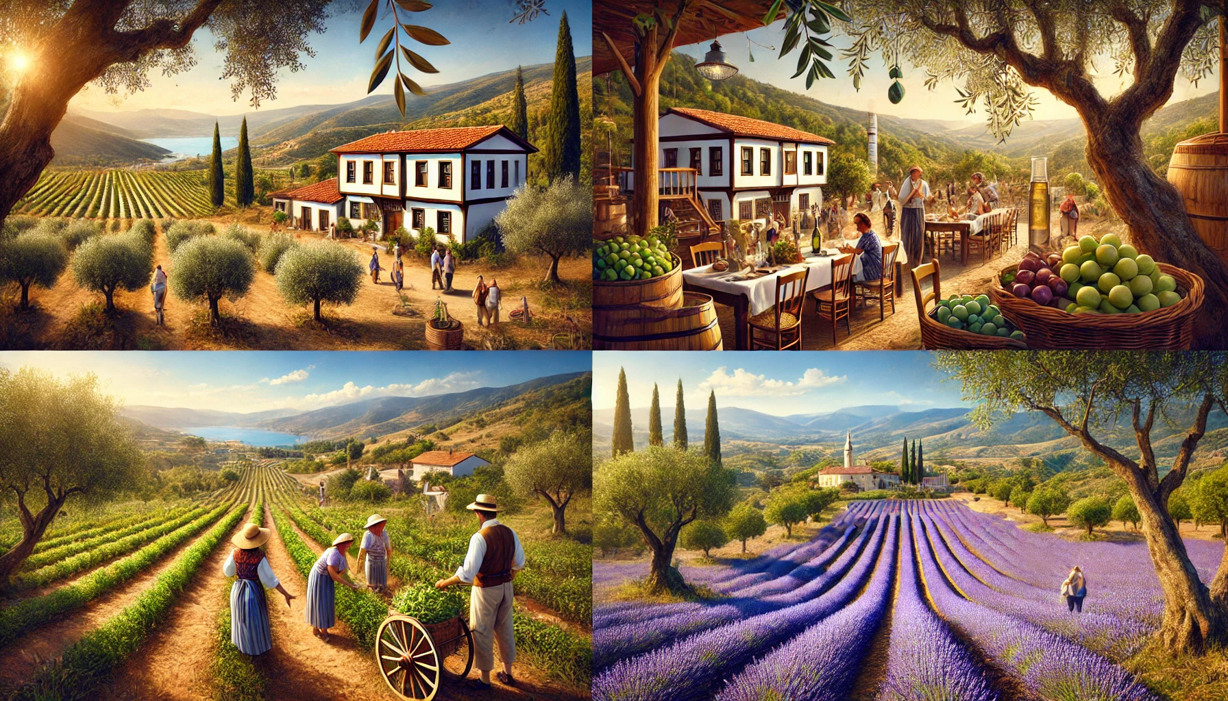 Picturesque view of agritourism in Turkey featuring an olive farm in Ayvalık, vineyards in Urla, citrus groves in Antalya, and lavender fields in Isparta with tourists participating in activities.