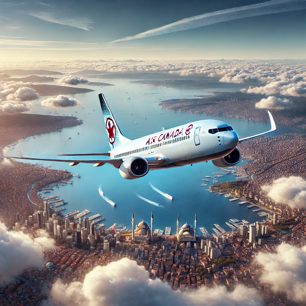 Air Canada airplane flying above Turkey with Istanbul and the Bosphorus visible below.