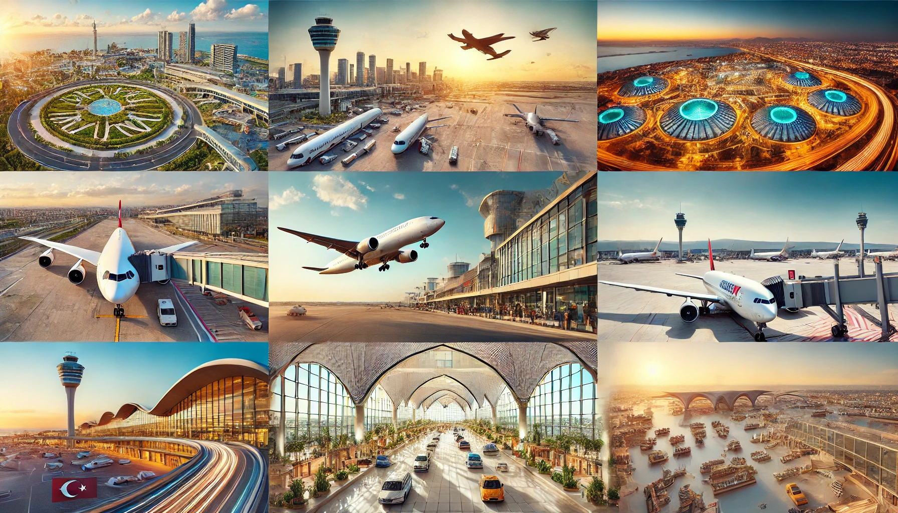 Collage showcasing various airports in Turkey, including Istanbul Airport, Sabiha Gökçen International Airport, Antalya Airport, and İzmir Adnan Menderes Airport.