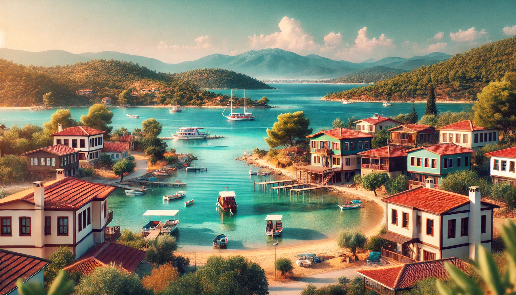 A picturesque view of Akbük, Didim, Turkey, featuring a serene bay with clear blue waters, sandy beaches, and traditional wooden houses. The scene includes lush greenery, small fishing boats, and a backdrop of rolling hills.