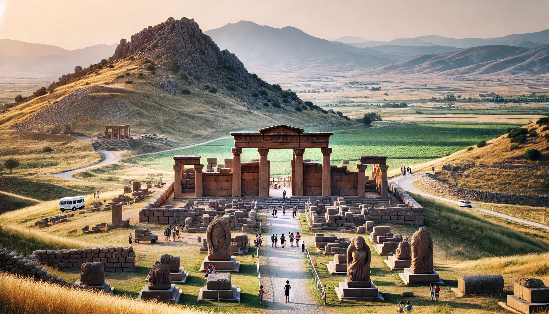 A scenic view of the ancient city of Alacahöyük in Çorum, Turkey, featuring well-preserved Hittite ruins, including the Sphinx Gate and Royal Tombs, set against lush green hills and clear skies with tourists exploring the site.