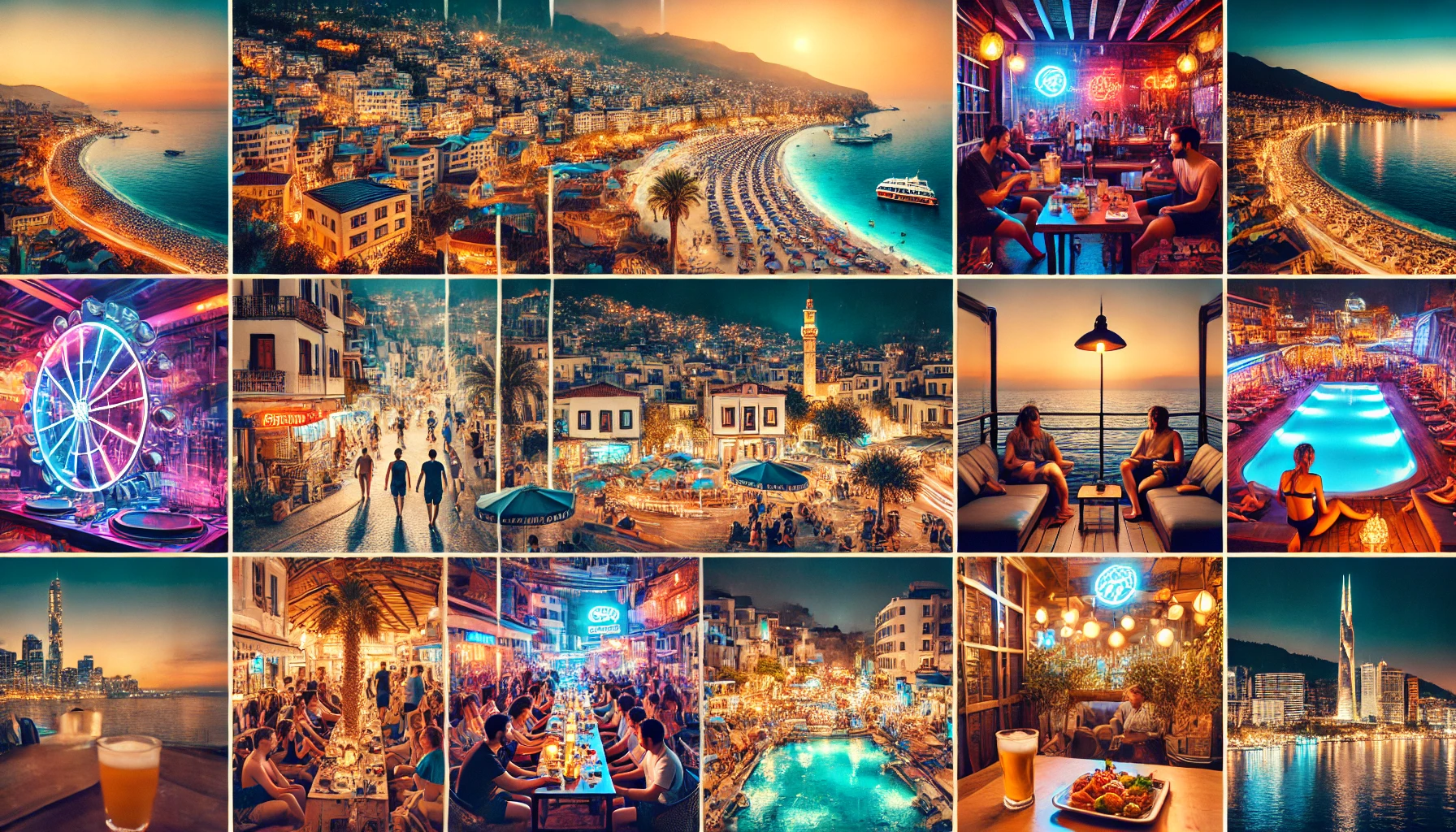 Collage showcasing various nightlife scenes in Alanya, Turkey, including lively night clubs, beach parties, rooftop bars, live music venues, and cozy late-night cafes.