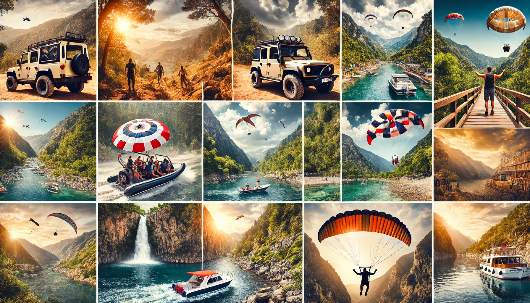 Collage showcasing various excursions and activities in Alanya, Turkey, including jeep safaris, boat trips, paragliding, visits to Sapadere Canyon, and Dimcay River.