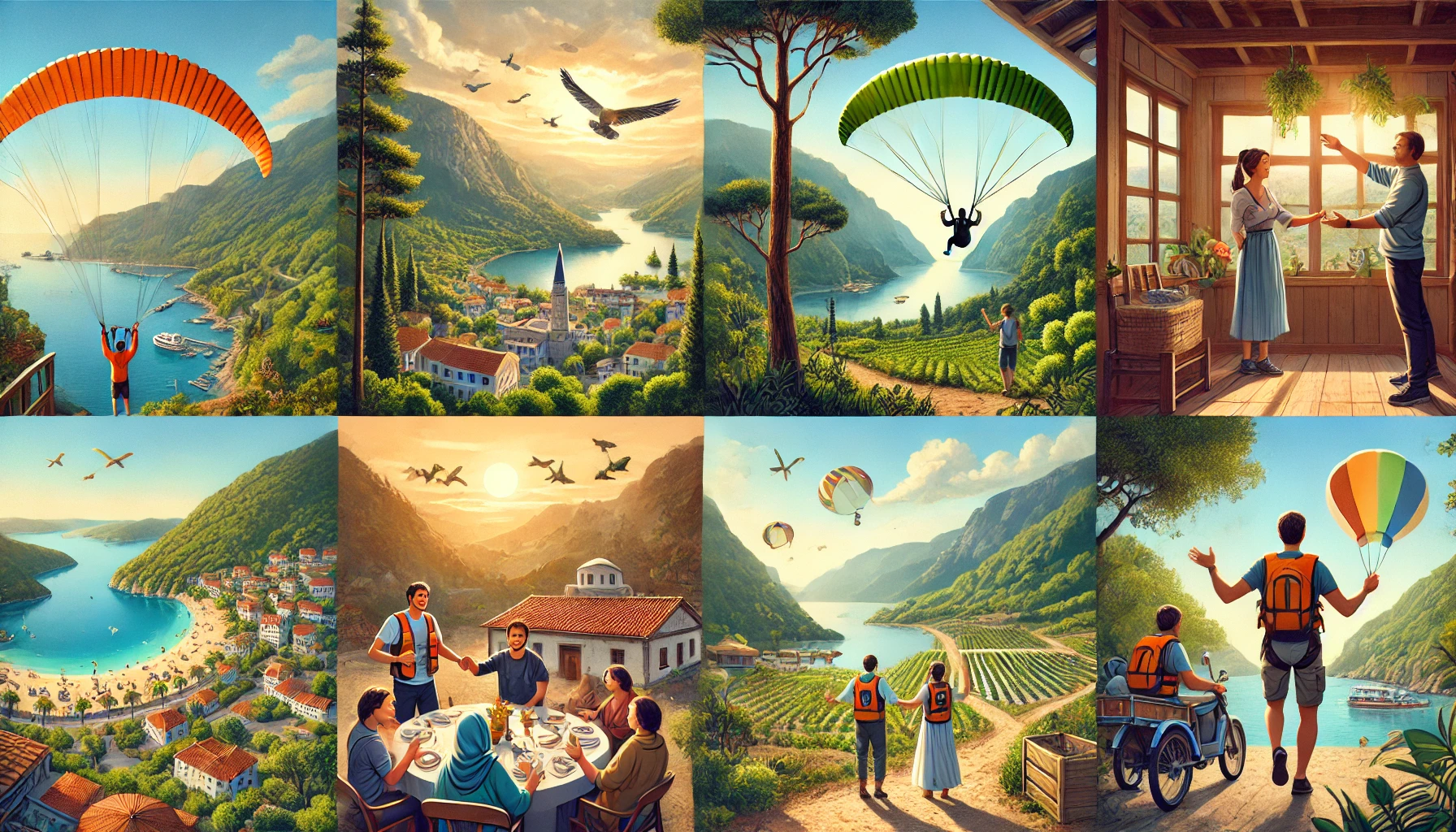 Picturesque view of alternative tourism in Turkey featuring eco-tourism in a national park, paragliding in Ölüdeniz, rural tourism in a traditional village, and volunteers in a conservation project.