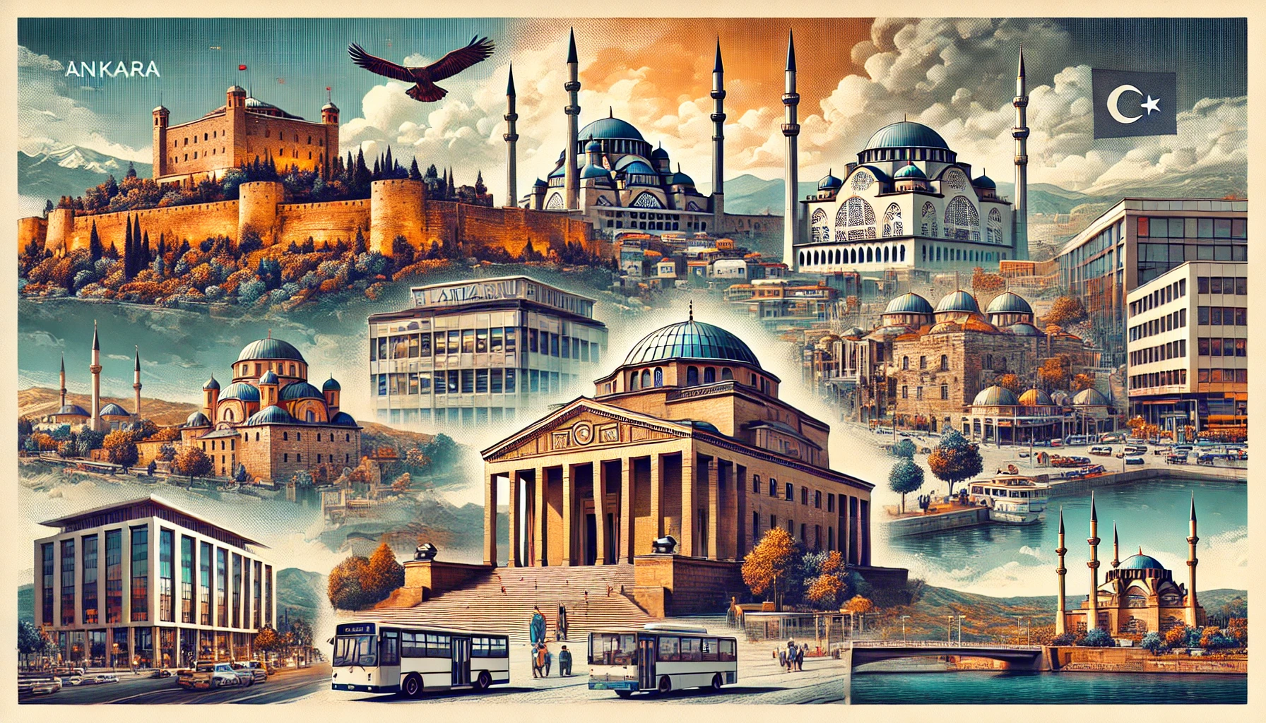 Collage showcasing various landmarks and attractions in Ankara, Turkey, including Ankara Castle, Anitkabir, the Ataturk Mausoleum, the Ankara old town, and the Hamamonu district.