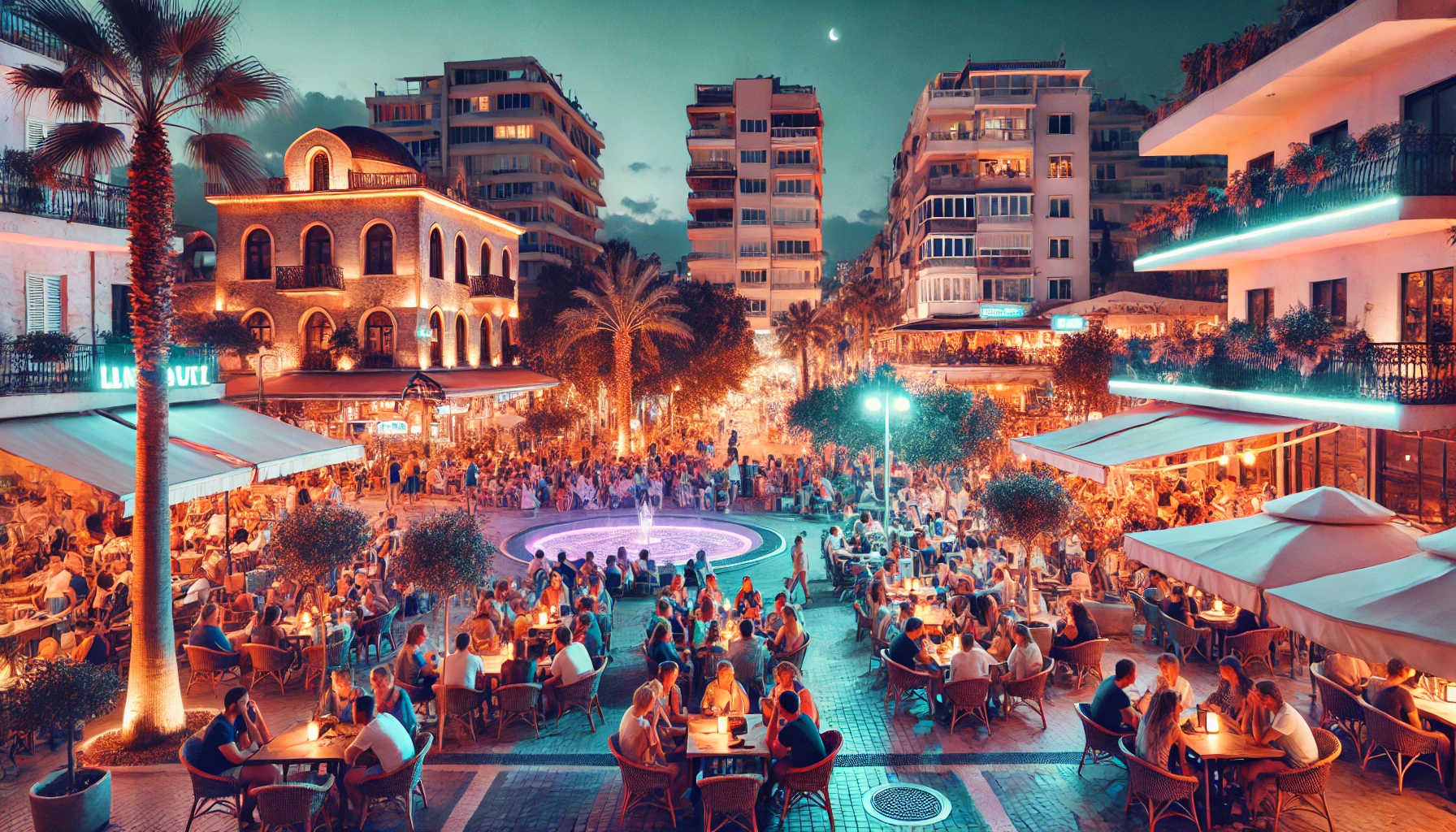 A vibrant nightlife scene in Antalya, Turkey, featuring a bustling street with people enjoying their evening at outdoor cafes and bars. The background includes a mix of modern buildings and historical architecture, with colorful lights illuminating the area. The atmosphere is lively and energetic, capturing the essence of Antalya's nightlife with locals and tourists mingling and enjoying the night.