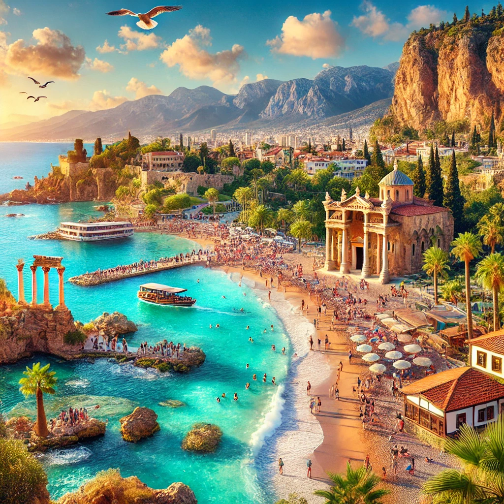 Stunning scene in Antalya, Turkey with turquoise waters, beaches, and historical landmarks.