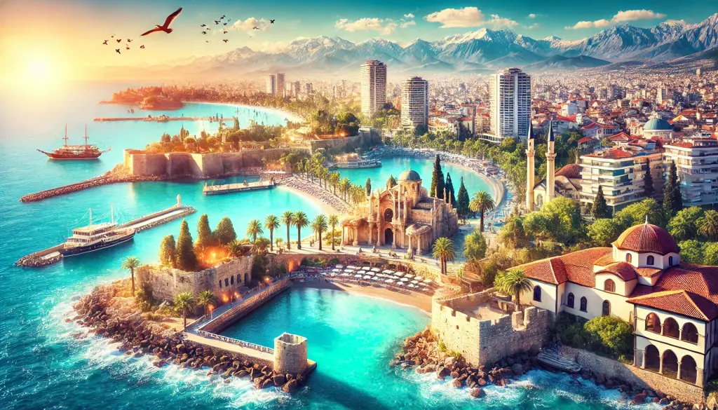 A picturesque view of Antalya, Turkey featuring a blend of ancient architecture, pristine Mediterranean beaches, luxurious resorts, and vibrant city life.