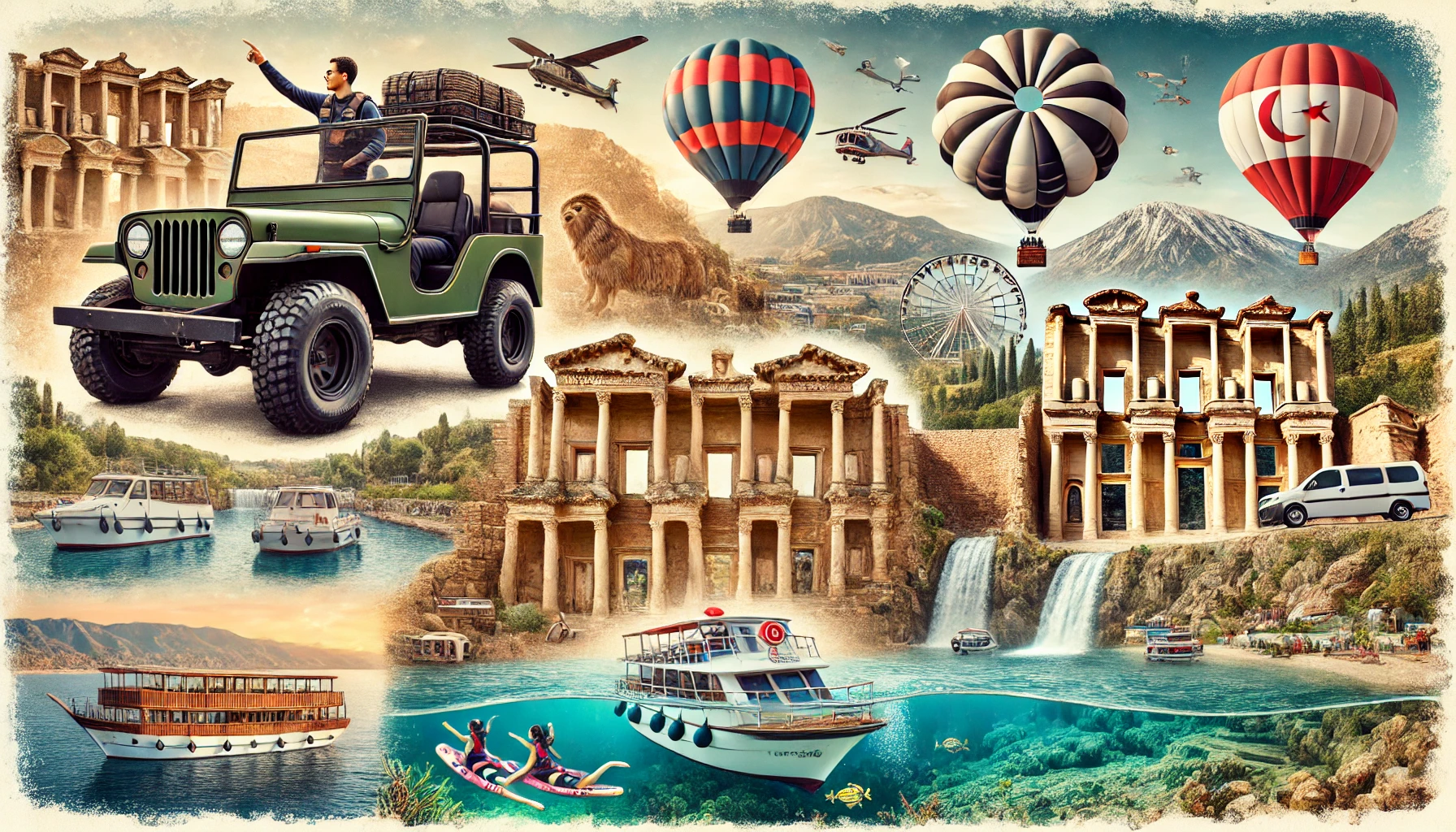 Collage showcasing various tours and activities in Antalya, Turkey, including jeep safaris, boat trips, hot air balloon rides, scuba diving, visits to historical sites, and scenic landscapes like Pamukkale and Green Canyon.