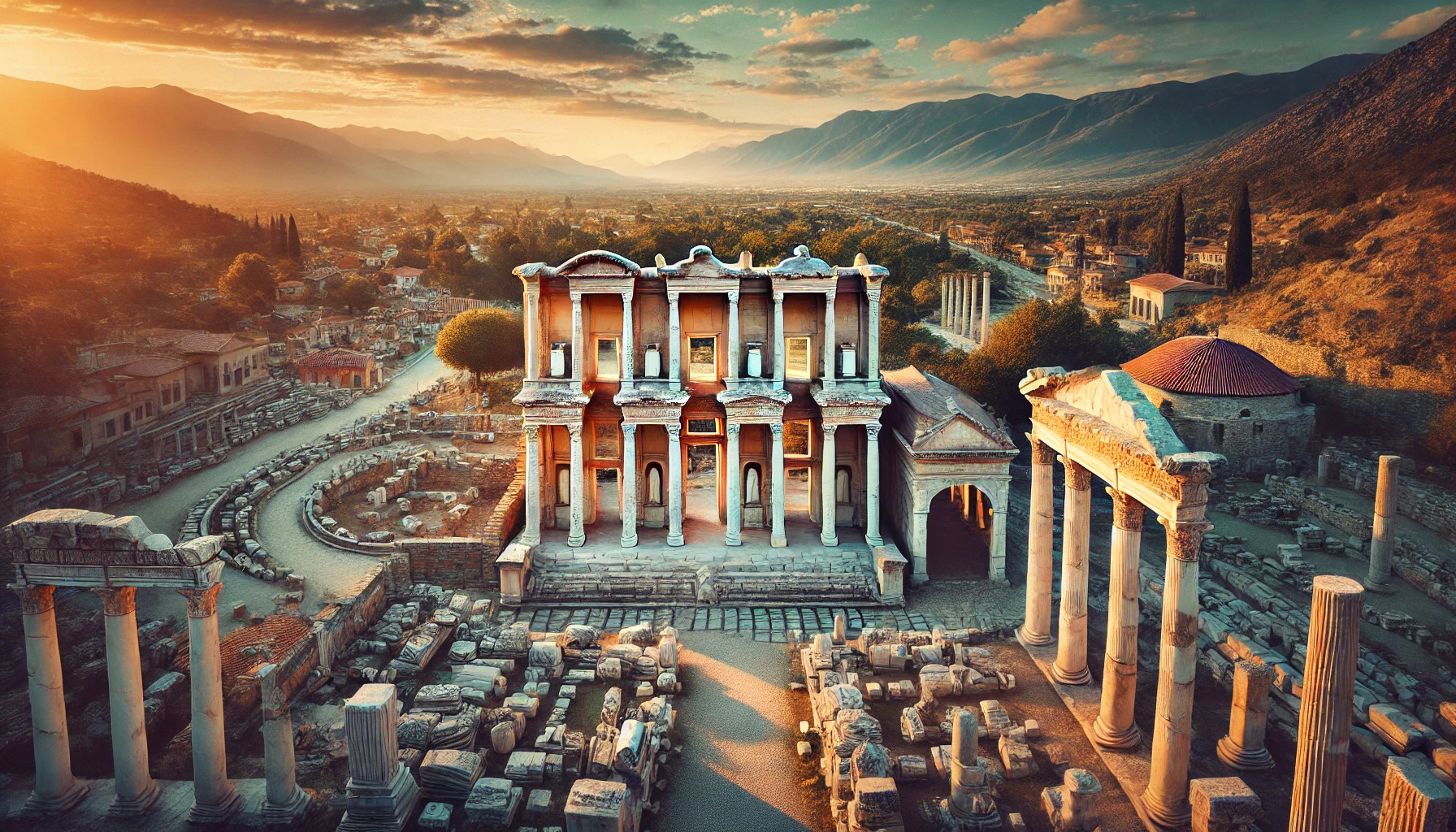 A picturesque view of the ancient city of Aphrodisias in Turkey, featuring the well-preserved ruins of the Temple of Aphrodite, the richly decorated Tetrapylon gate, and the expansive Agora.