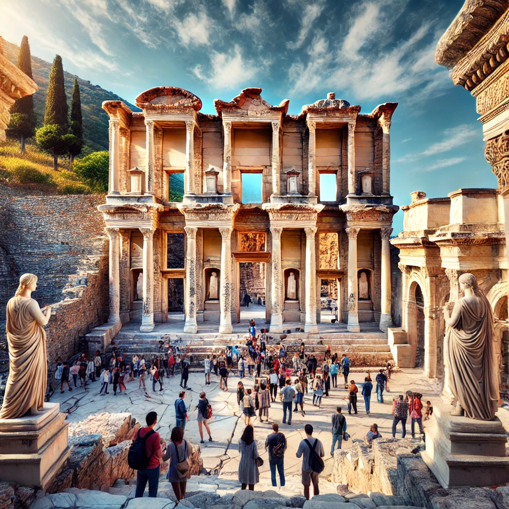 Tourists exploring the ancient ruins of Ephesus with the Library of Celsus in the background.