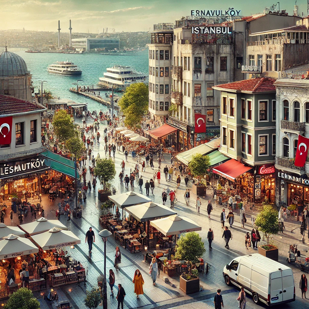 A scenic view of Arnavutköy, Istanbul, Turkey, showcasing the bustling central area with shops, cafes, and people walking along the streets. The Black Sea is visible in the background with some boats, and the modern Istanbul Airport can be seen in the distance.