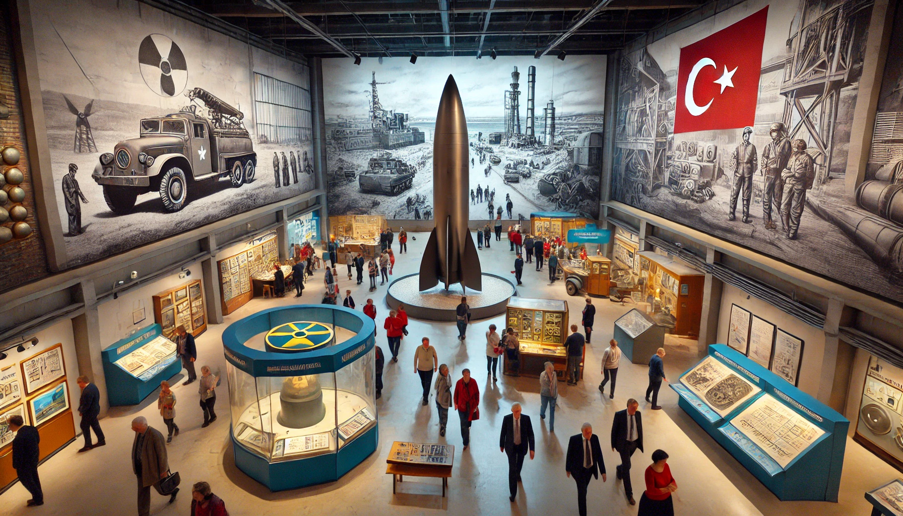 View of atomic tourism in Turkey featuring visitors at nuclear weapons exhibit, guided tours at Akkuyu Nuclear Power Plant, and Cold War missile base displays.