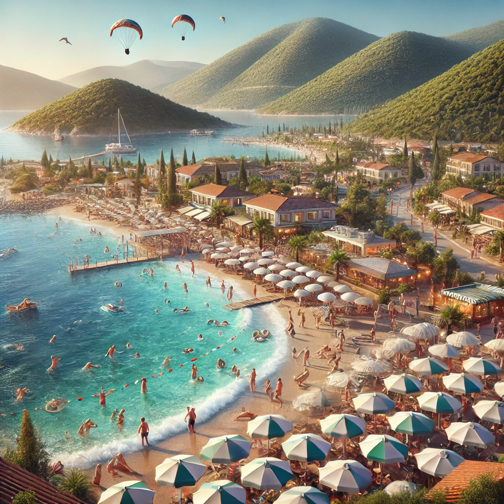 Avşa Island in Turkey, featuring beautiful beaches, crystal-clear waters, and vibrant nightlife.