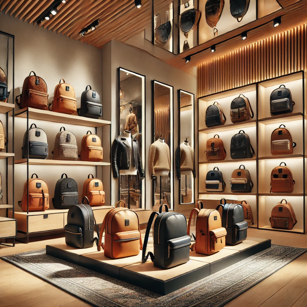 A modern Turkish boutique displaying a variety of stylish backpacks, including leather, canvas, and tech-friendly designs.